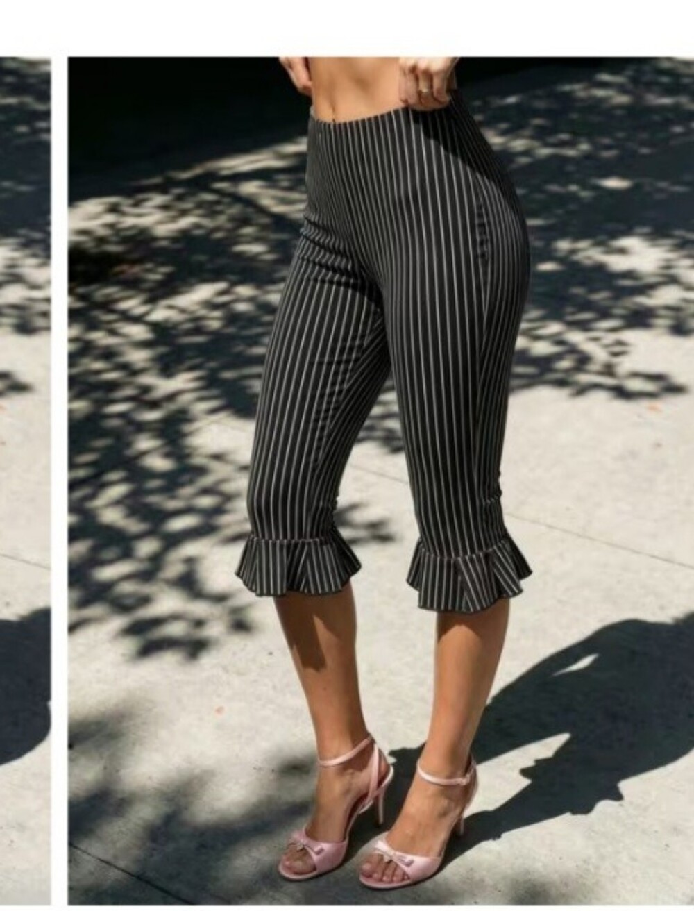 Striped Ruffle Hem Capris - Black & White - Picture 2 of 2